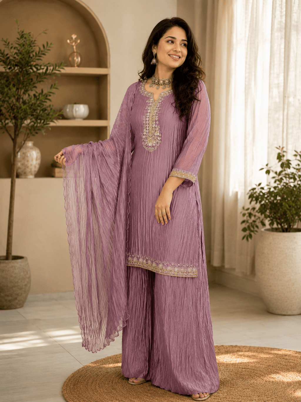 Premium Crushed Tissue Lilac Handwork Plazzo Set - Maatruu
