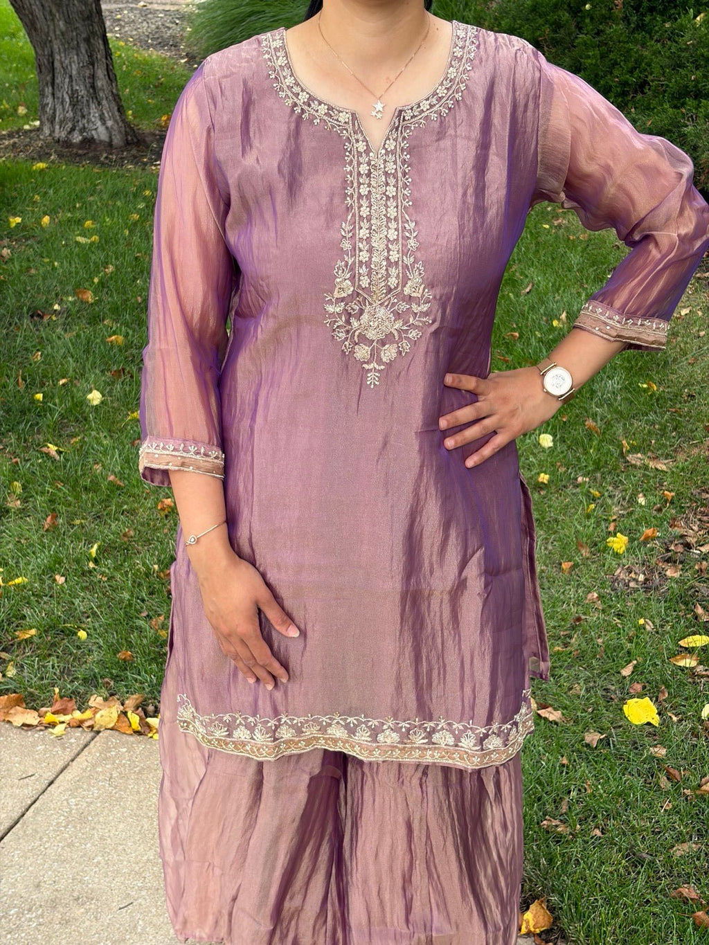 Premium Crushed Tissue Lilac Handwork Plazzo Set - Maatruu