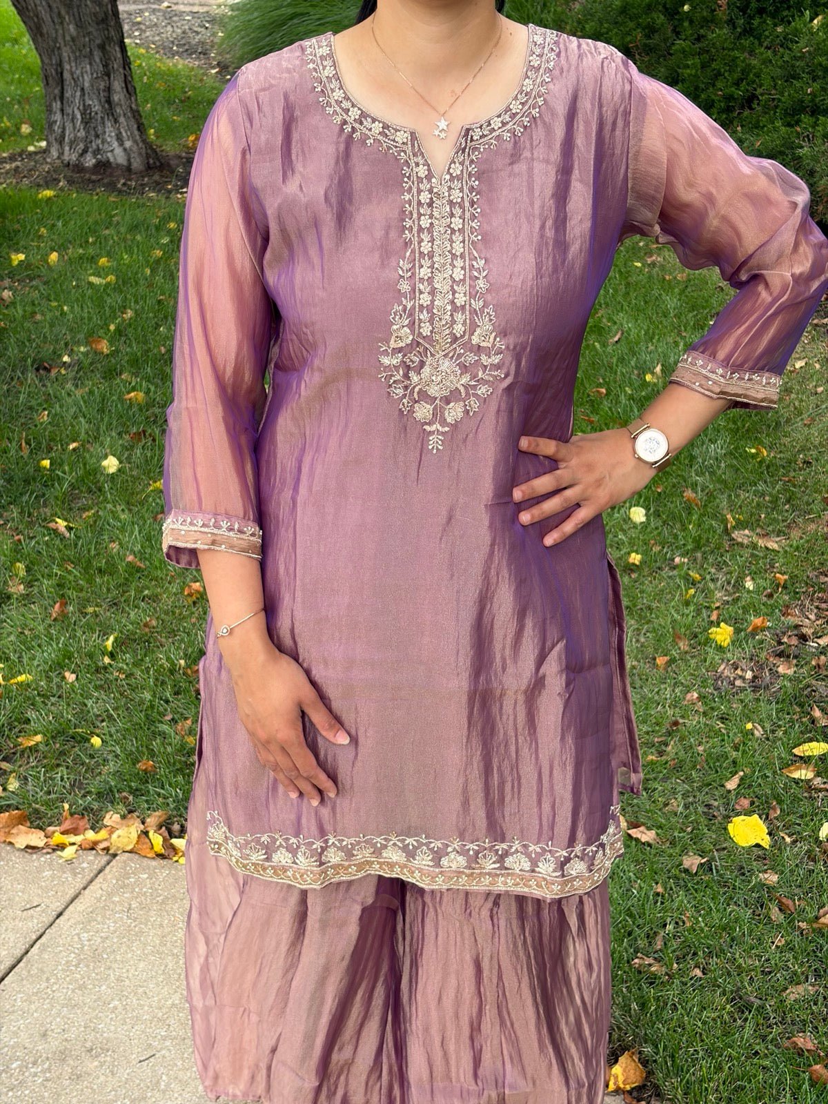 Premium Crushed Tissue Lilac Handwork Plazzo Set - Maatruu