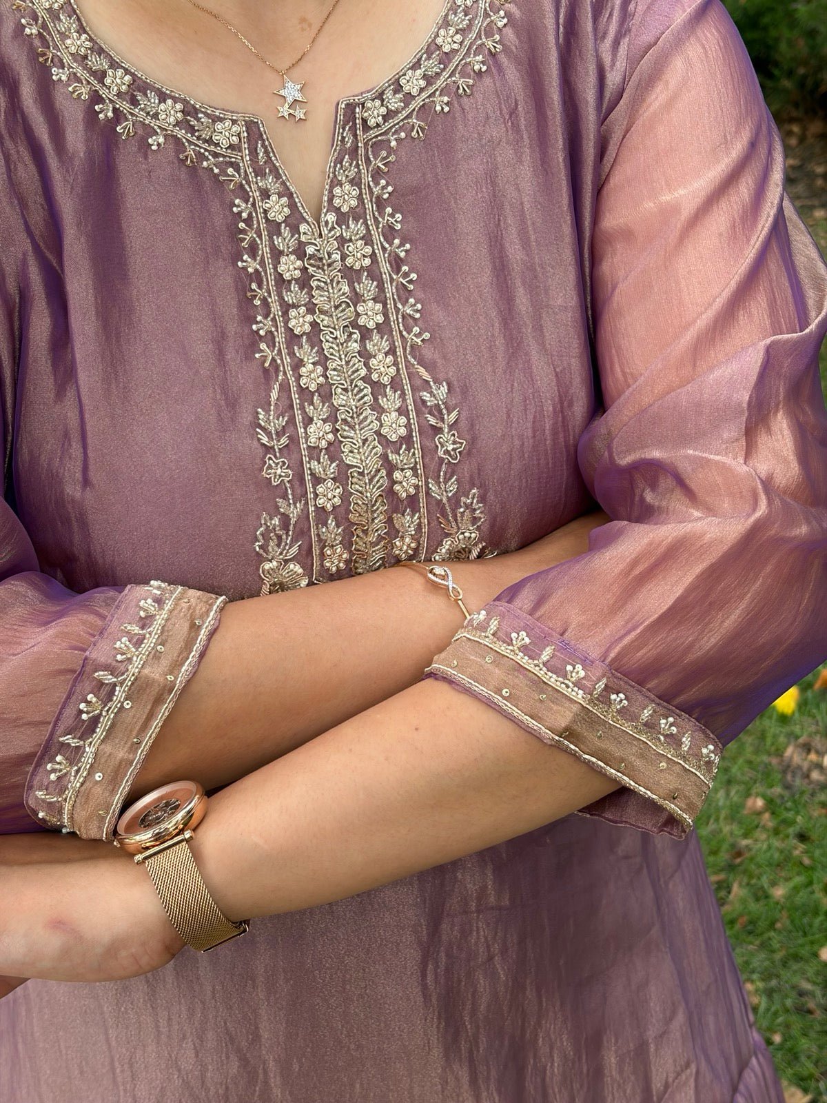 Premium Crushed Tissue Lilac Handwork Plazzo Set - Maatruu