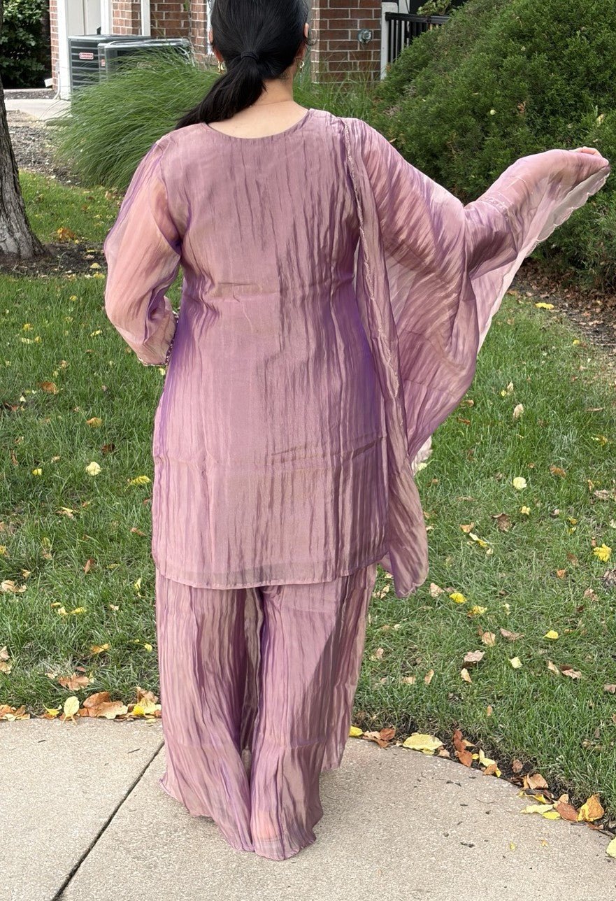 Premium Crushed Tissue Lilac Handwork Plazzo Set - Maatruu