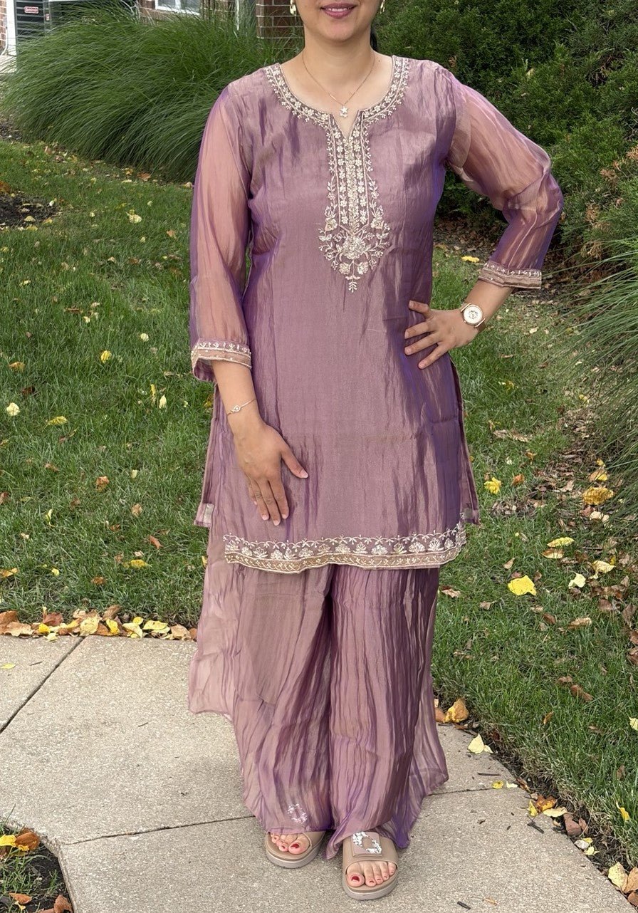 Premium Crushed Tissue Lilac Handwork Plazzo Set - Maatruu