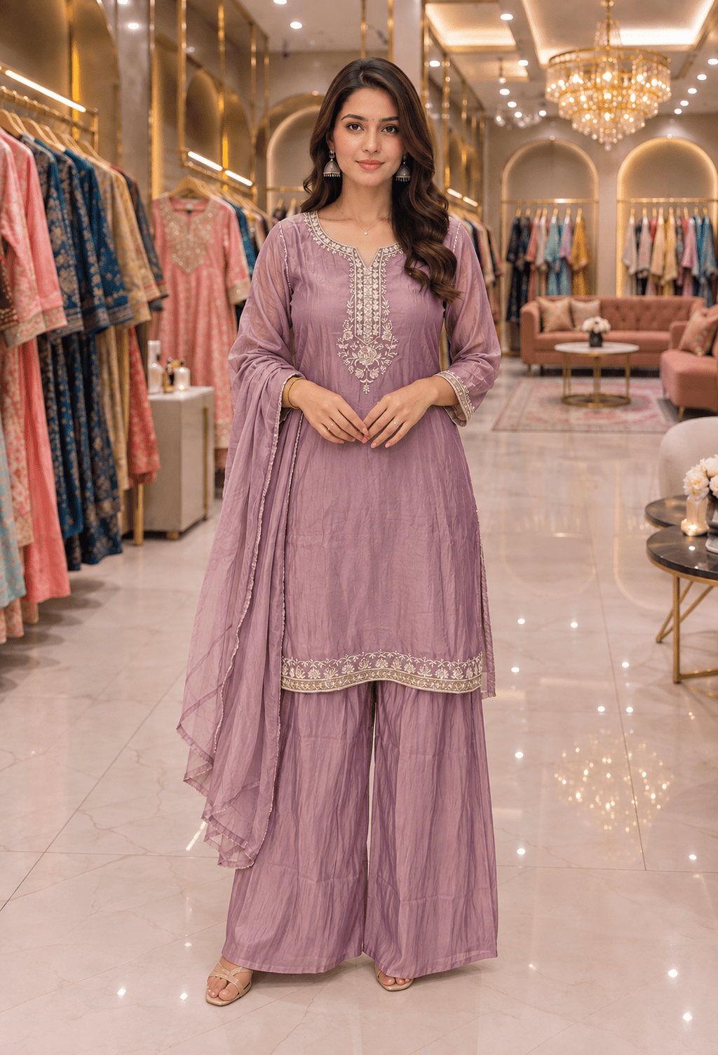 Premium Crushed Tissue Lilac Handwork Plazzo Set - Maatruu