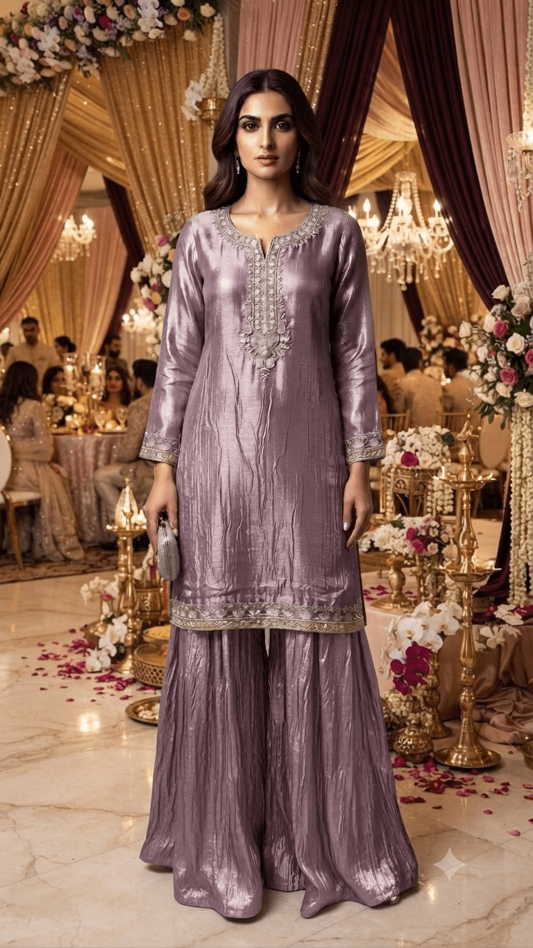 Premium Crushed Tissue Lilac Handwork Plazzo Set - Maatruu