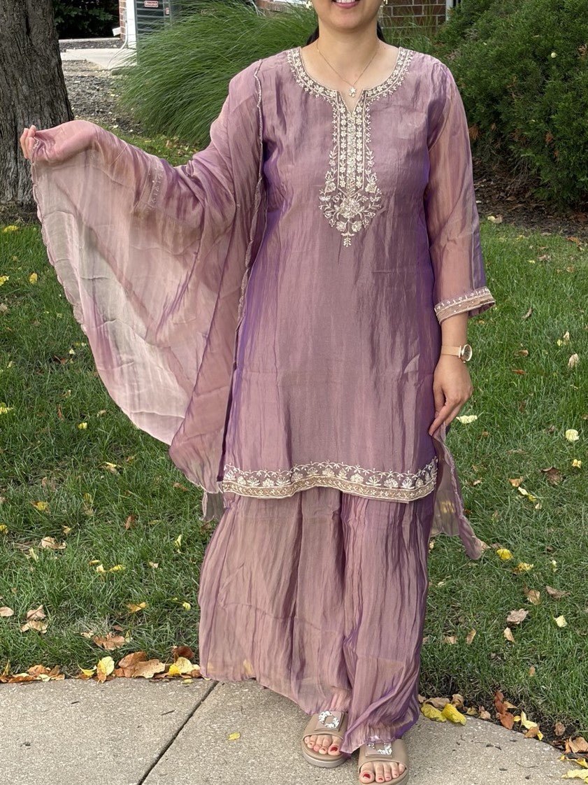 Premium Crushed Tissue Lilac Handwork Plazzo Set - Maatruu