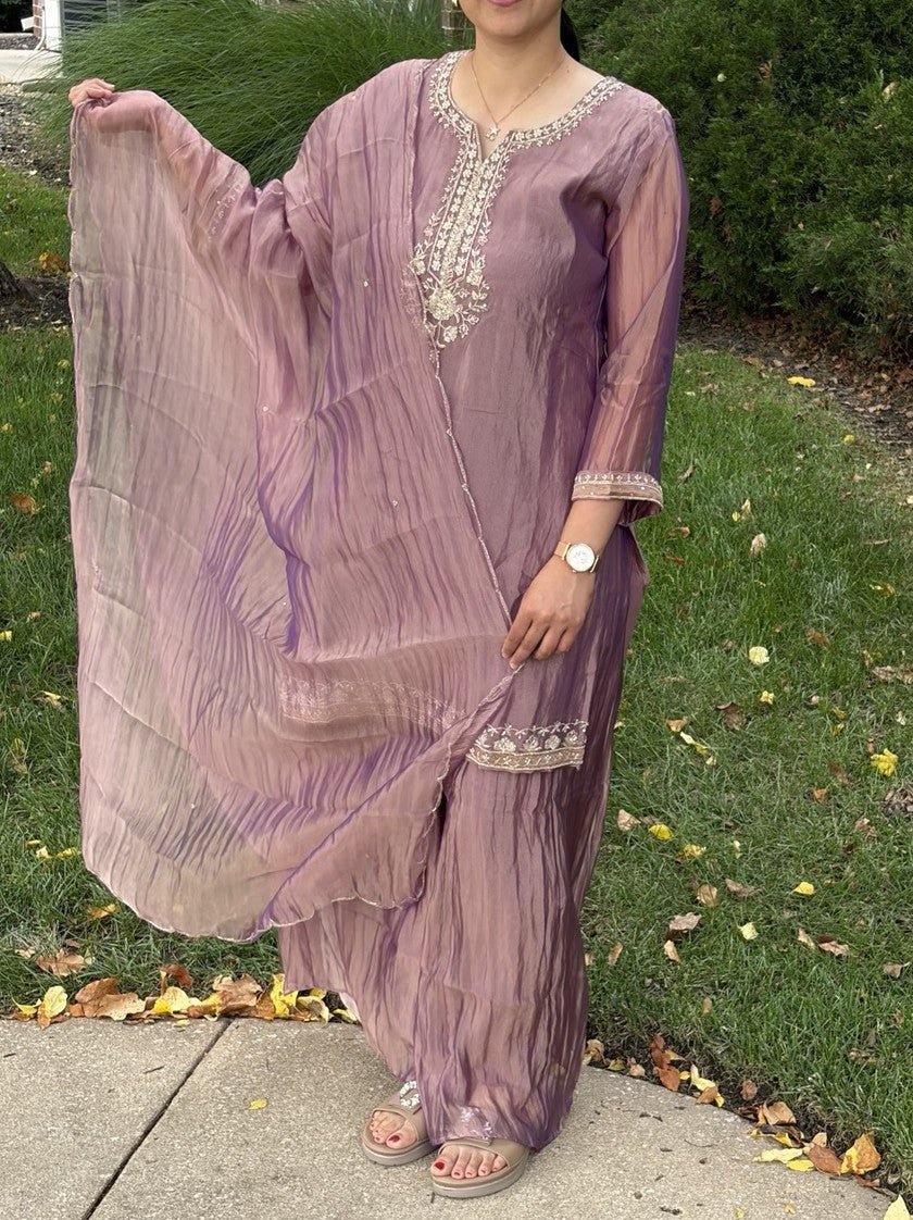 Premium Crushed Tissue Lilac Handwork Plazzo Set - Maatruu