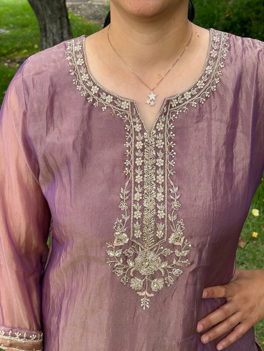 Premium Crushed Tissue Lilac Handwork Plazzo Set - Maatruu