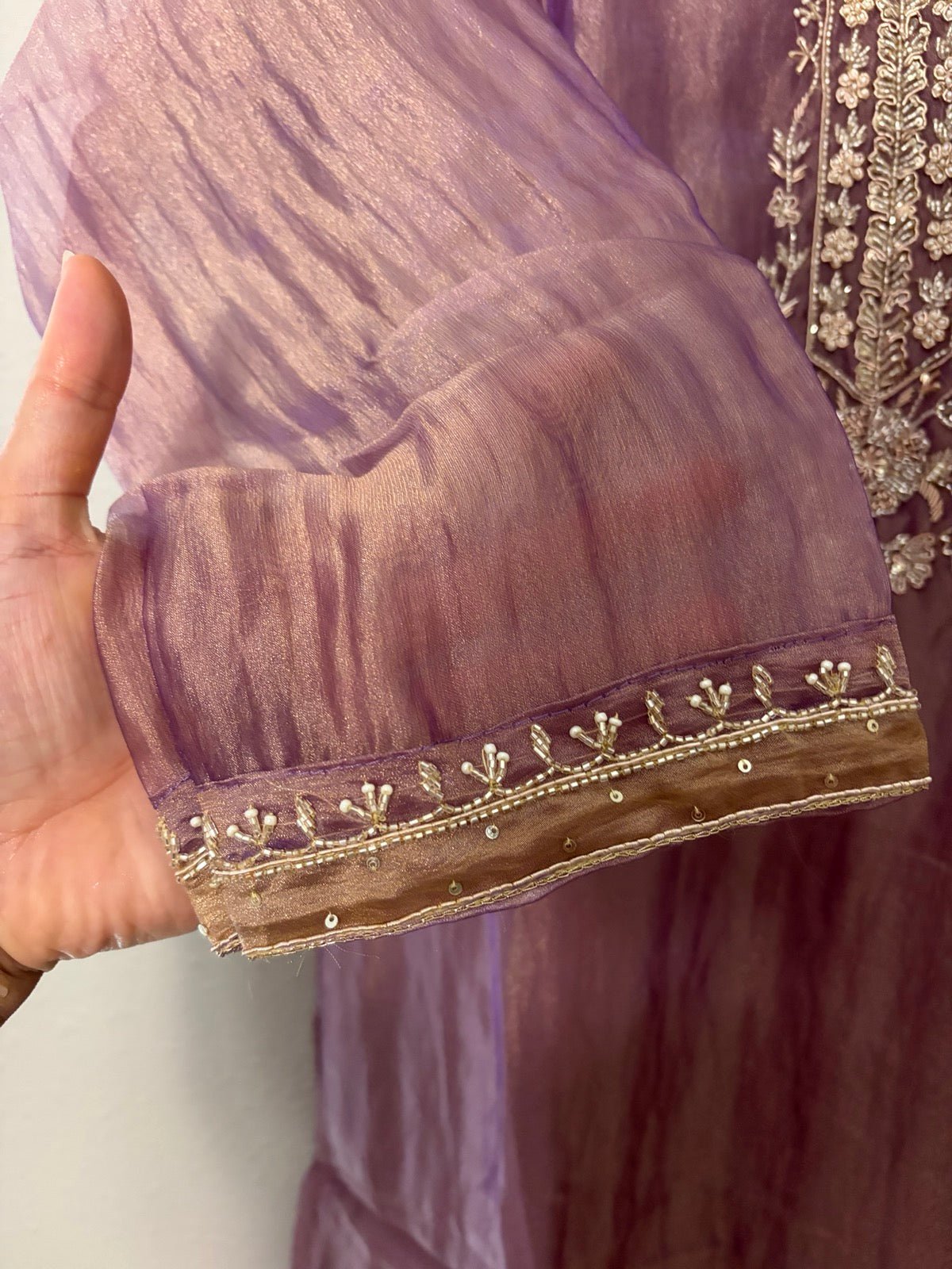 Premium Crushed Tissue Lilac Handwork Plazzo Set - Maatruu