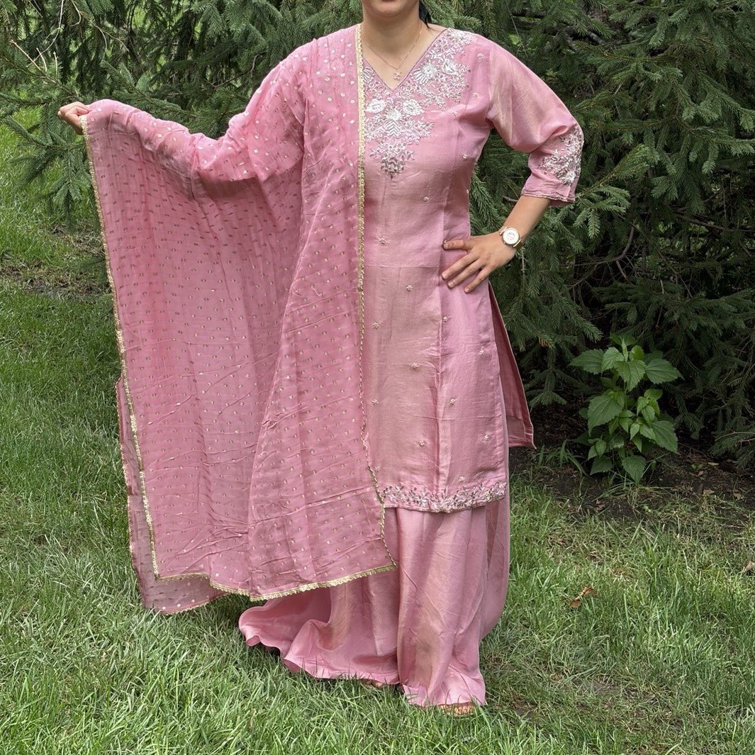 Premium Silk Plazzo Set in Pink - Maatruu