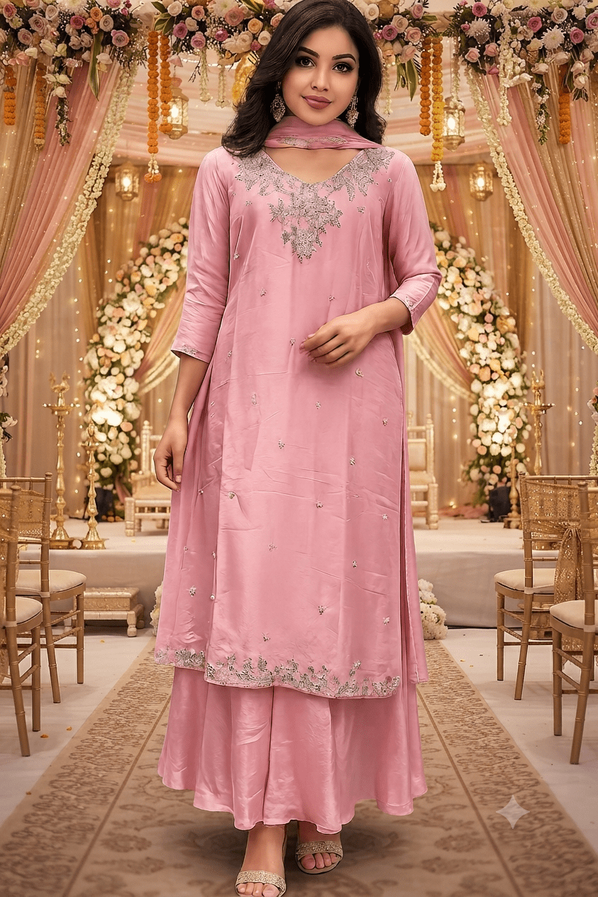 Premium Silk Plazzo Set in Pink - Maatruu