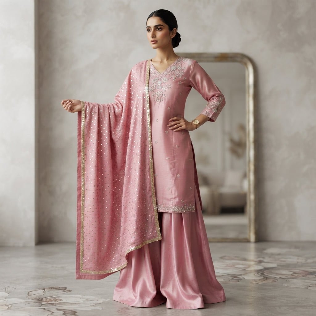 Premium Silk Plazzo Set in Pink - Maatruu