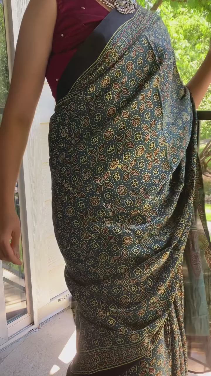 Ajrakh hand block modal silk saree with lagdipatta green