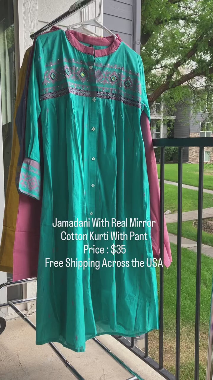 Jamdani with real mirror cotton kurti Pant Set