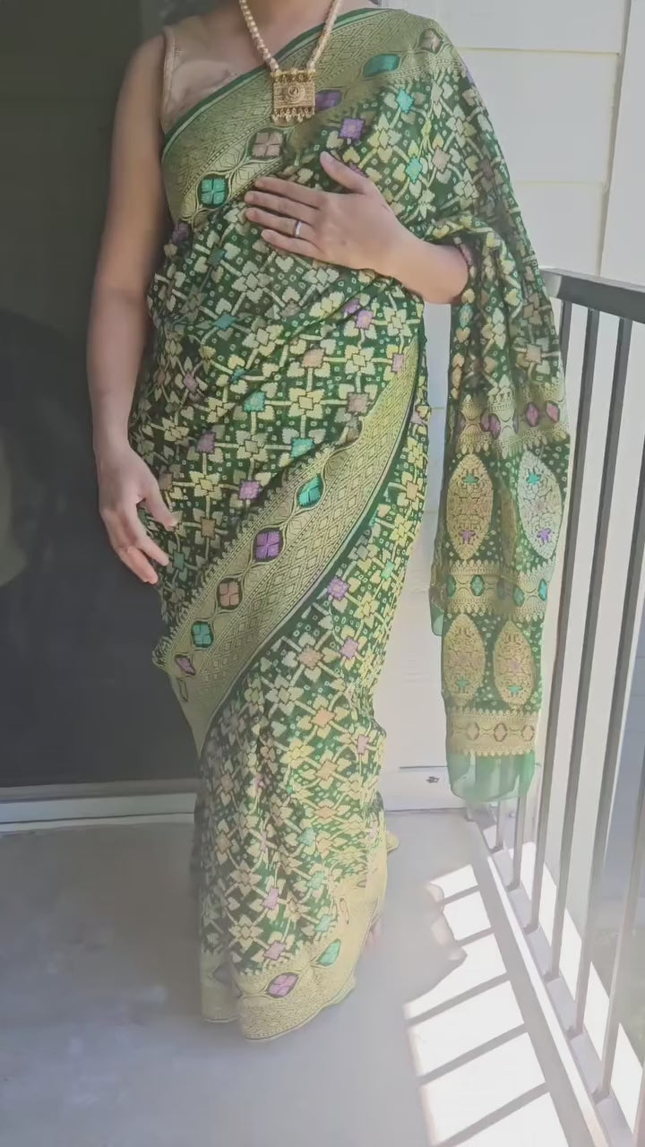 Khaddi Georgette Bandhni Meenakari saree Green Design 2