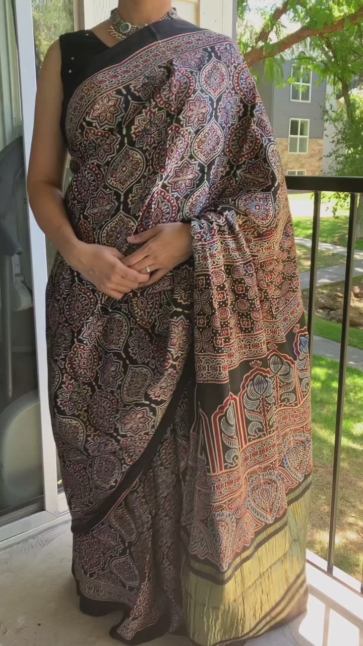 Ajrakh Modal silk saree with lagdipatta black design 1