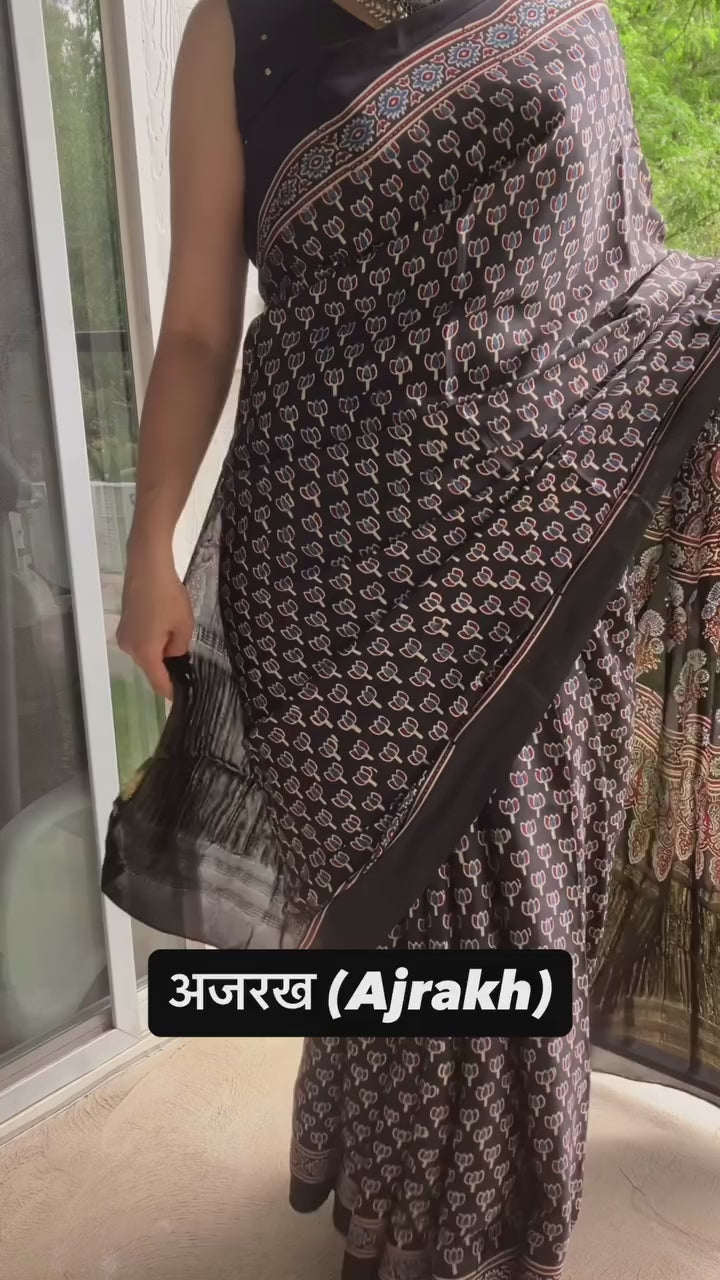 Ajrakh hand block modal silk saree with lagdipatta black design 2