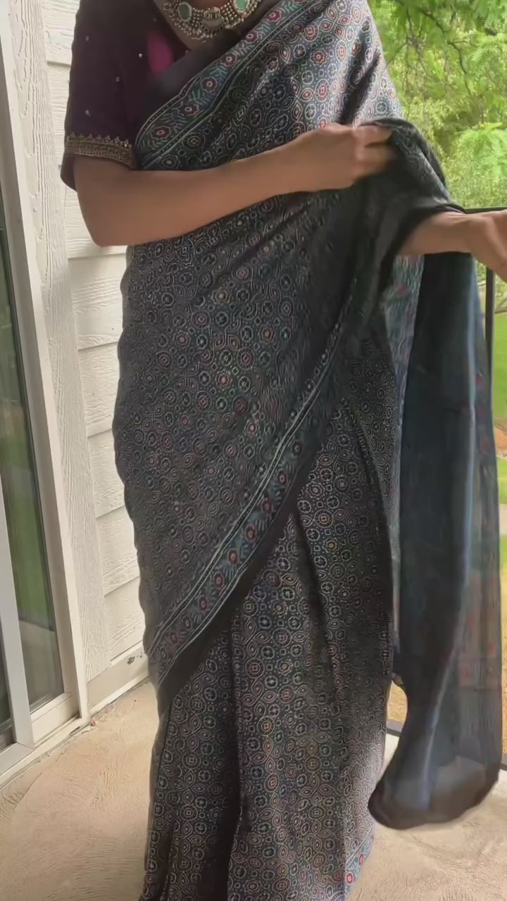 Modal Silk Ajrakh Saree in Blue