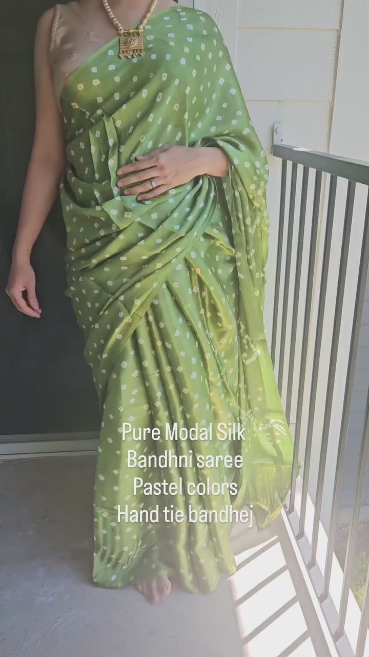 Pure Modal silk  Rai Bandhej Pista Green