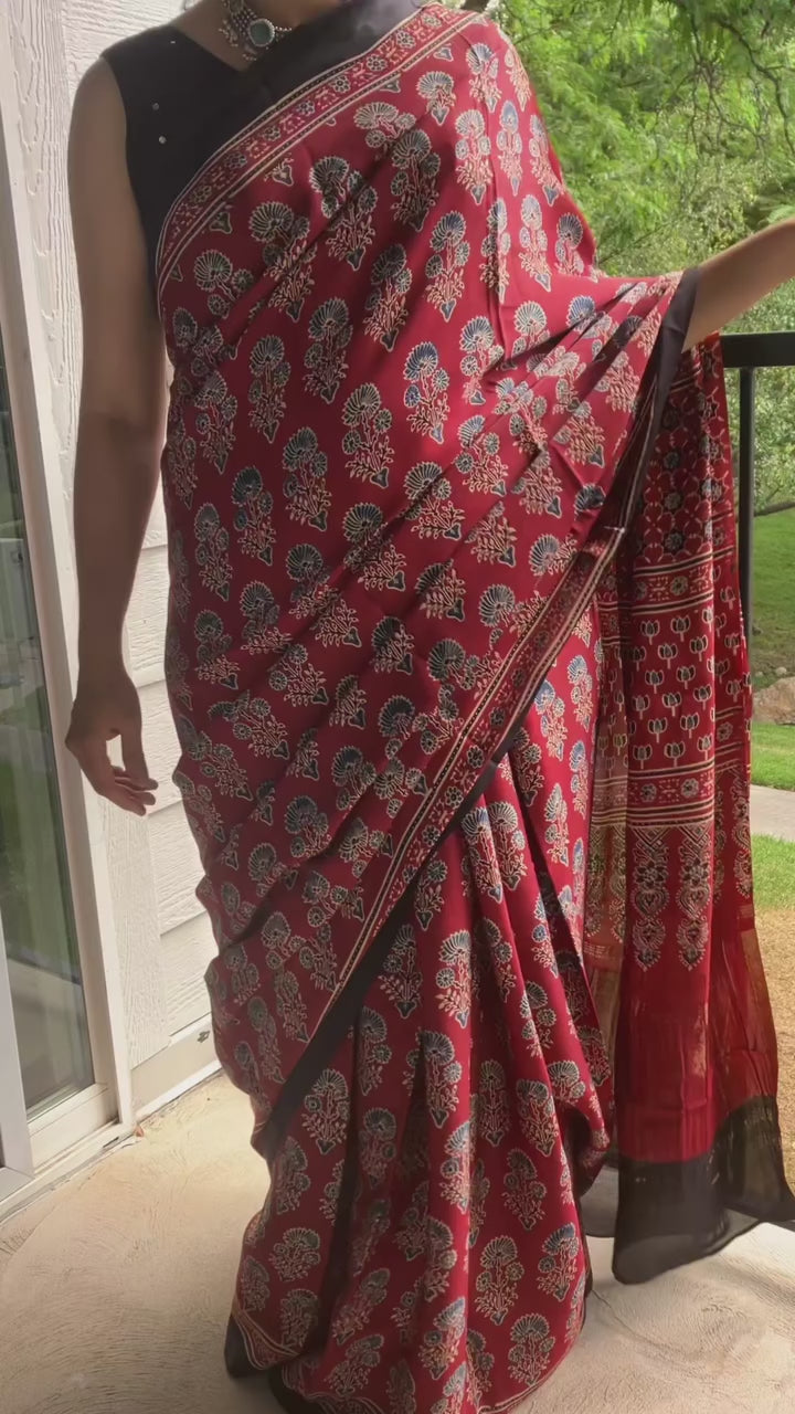 Ajrakh hand block modal silk saree with lagdipatta red