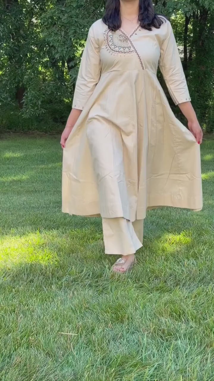 Off-White Cotton Anarkali  Mirror Coord-Set