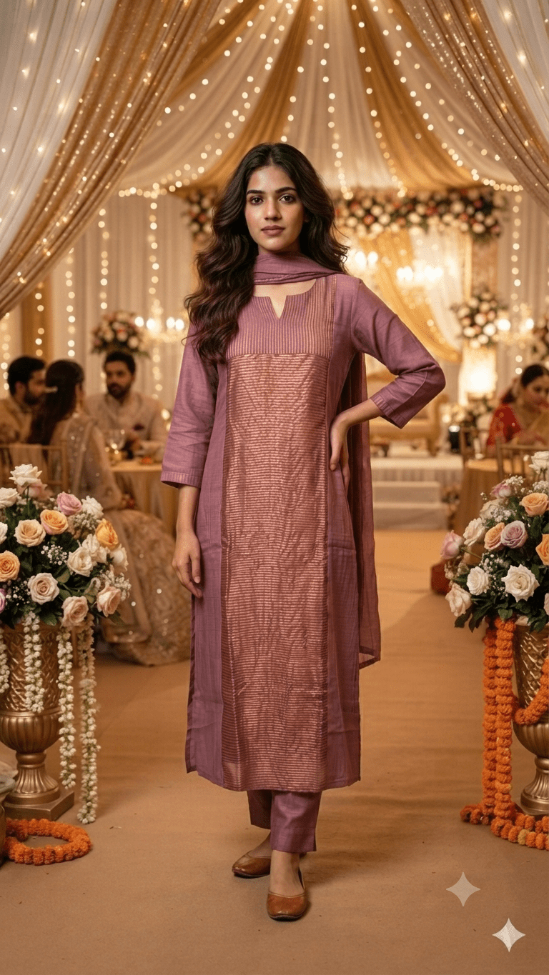 Pure Banarasi Mul Chanderi Dress in Onion Pink - Maatruu