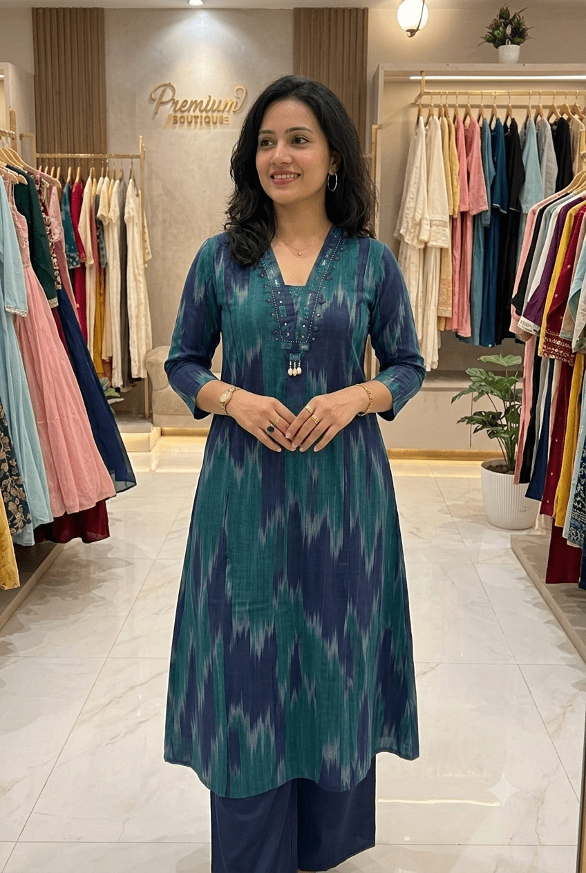 Pure cotton Ikkat 2 piece with Plazoo - Maatruu