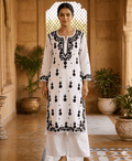 Pure cotton white and black kurti with embroidery for office wear - Maatruu