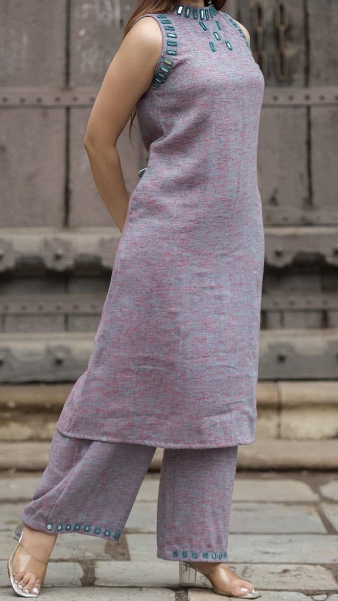 Pure Linen Cotton with halter real mirror neck Coordset - Maatruu