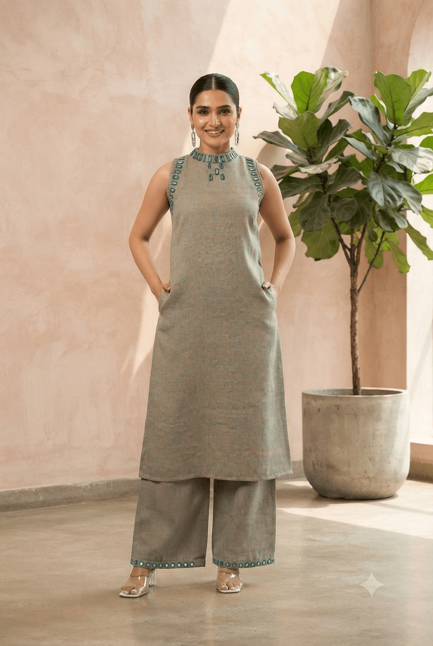 Pure Linen Cotton with halter real mirror neck Coordset - Maatruu