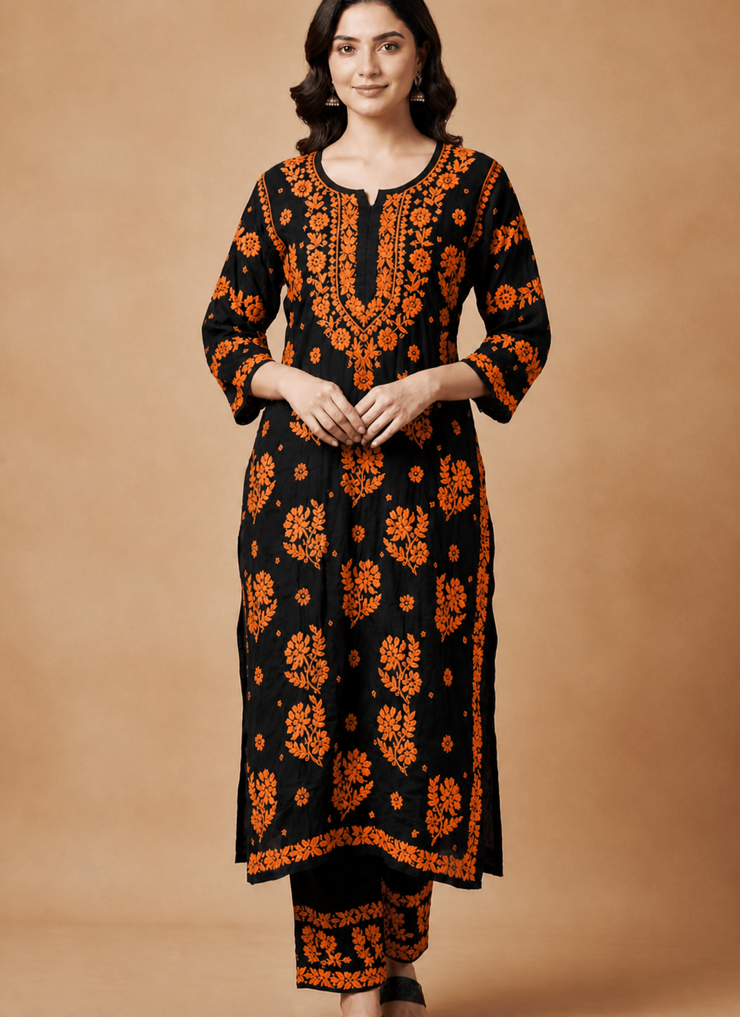 Pure modal Lucknowi Chikankari black kurti with contrast palazzo - Maatruu