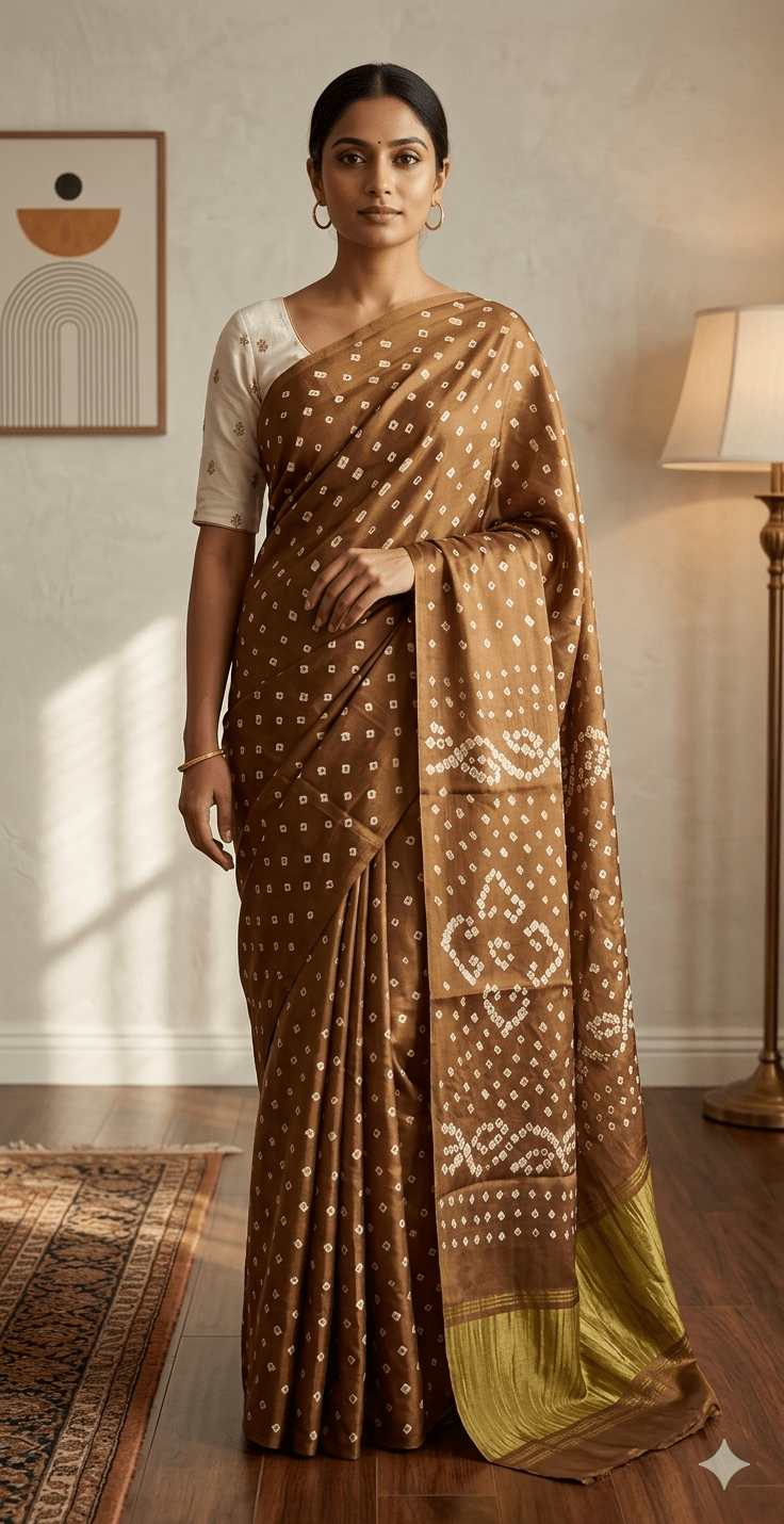 Pure Modal Rai Bandhej in golden brown - Maatruu