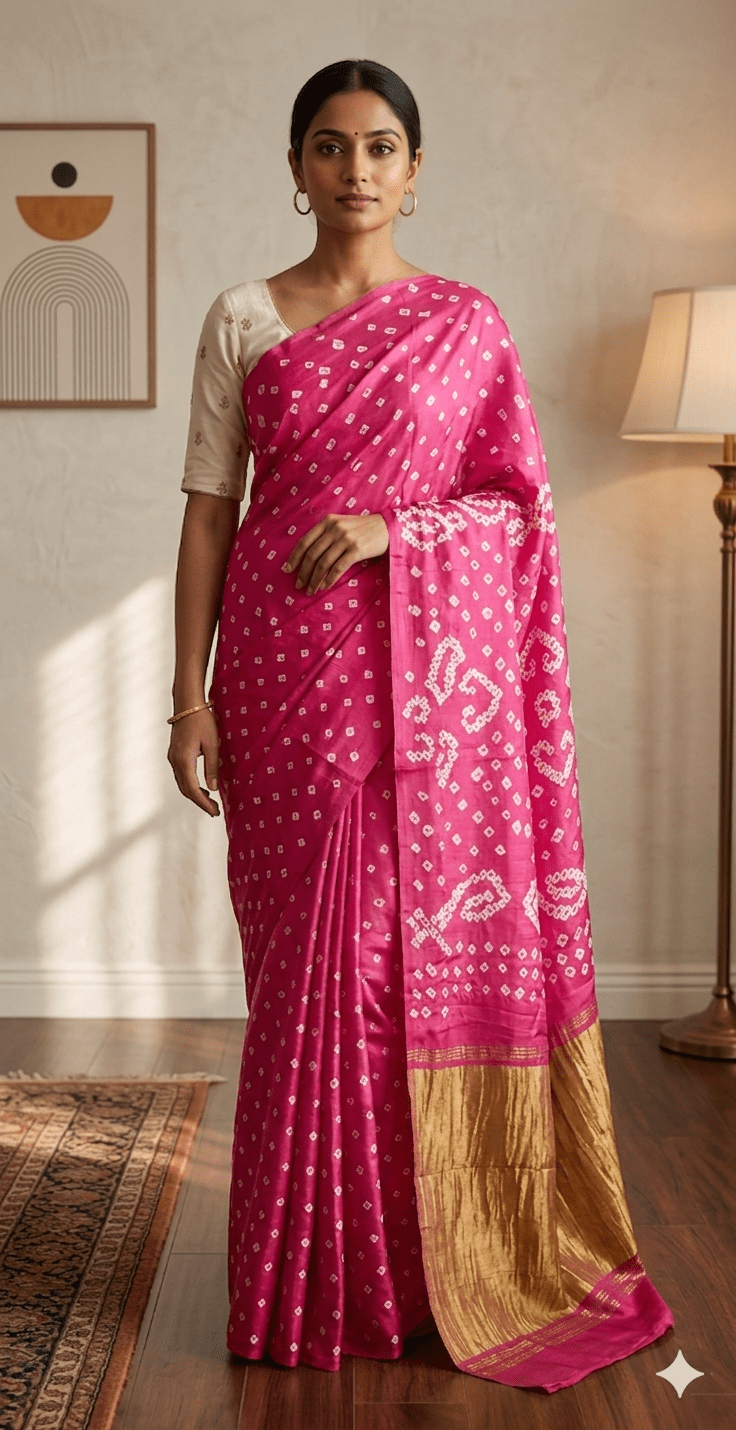 Pure Modal Silk Rai Bandhej Light Pink - Maatruu