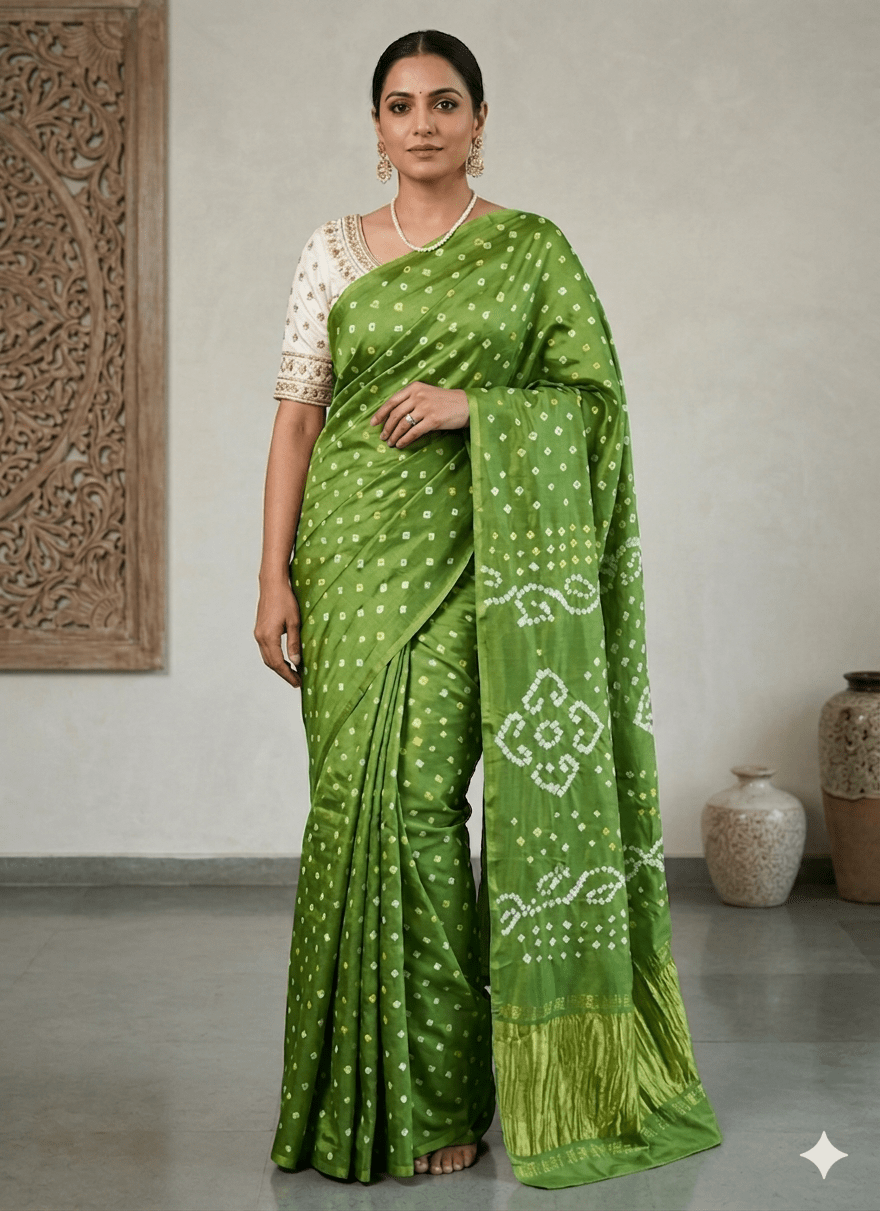 Pure Modal silk Rai Bandhej Pista Green - Maatruu