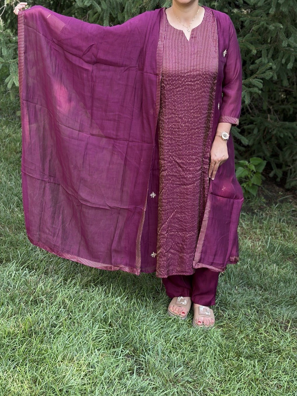 Pure Mul Chanderi Wine A-line dress - Maatruu