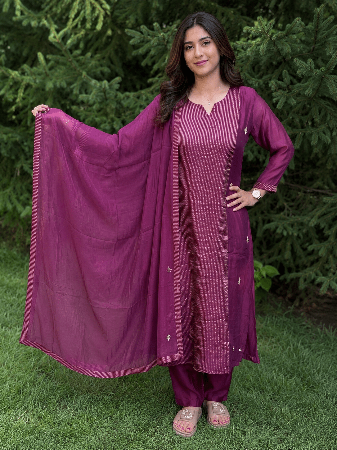 Pure Mul Chanderi Wine A-line dress - Maatruu