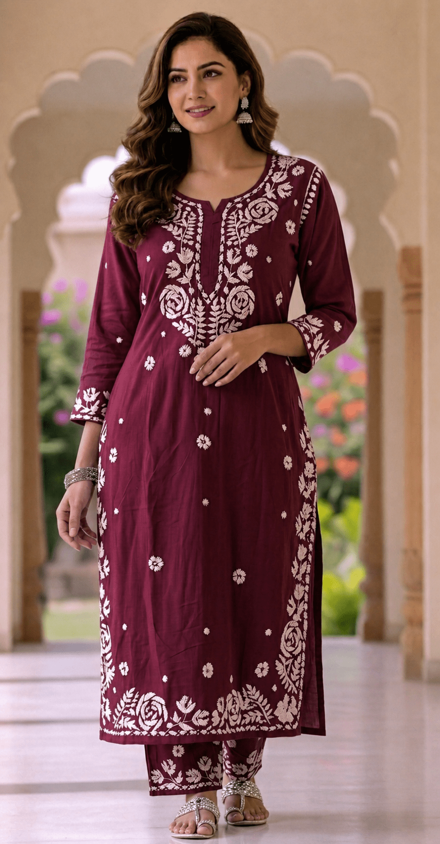 Chikankari rayon kurti palazzo coord set front view - Maatruu
