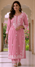 Rayon Lucknowi Chikankari kurti and palazzo set with handwork - Maatruu