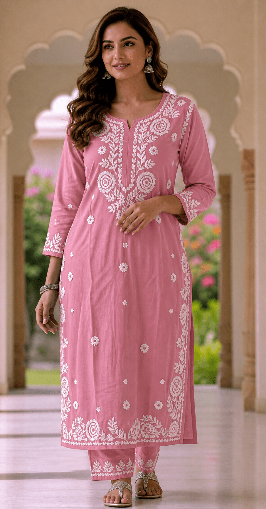 Rayon Lucknowi Chikankari kurti and palazzo set with handwork - Maatruu