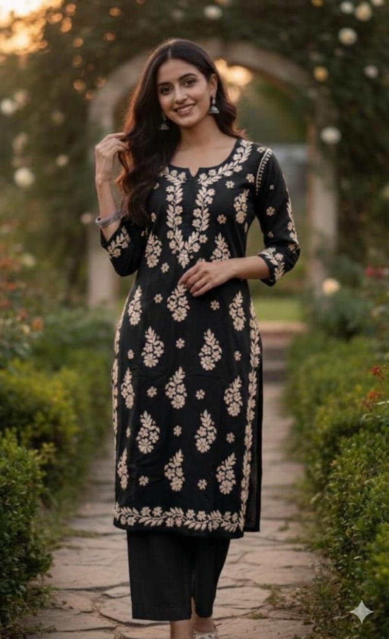 Rayon long Lucknowi Chikankari kurti with handwork - Maatruu
