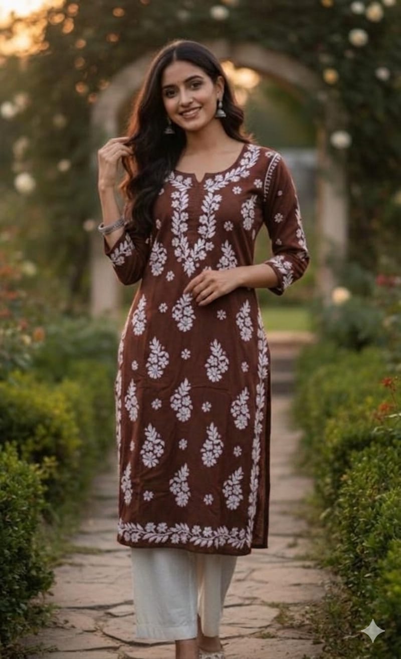 Long Chikankari rayon kurti front view - Maatruu