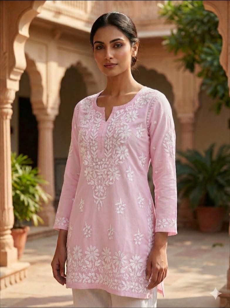 Rayon short Chikankari kurti with Lucknowi handwork - Maatruu
