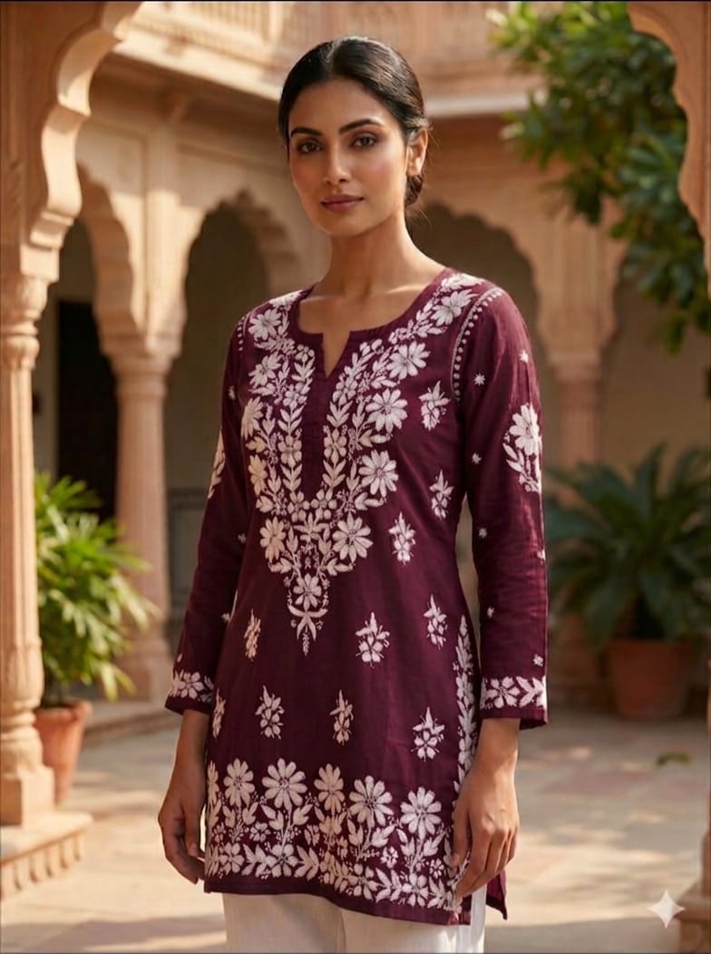 Hand embroidered Chikankari kurti detail - Maatruu