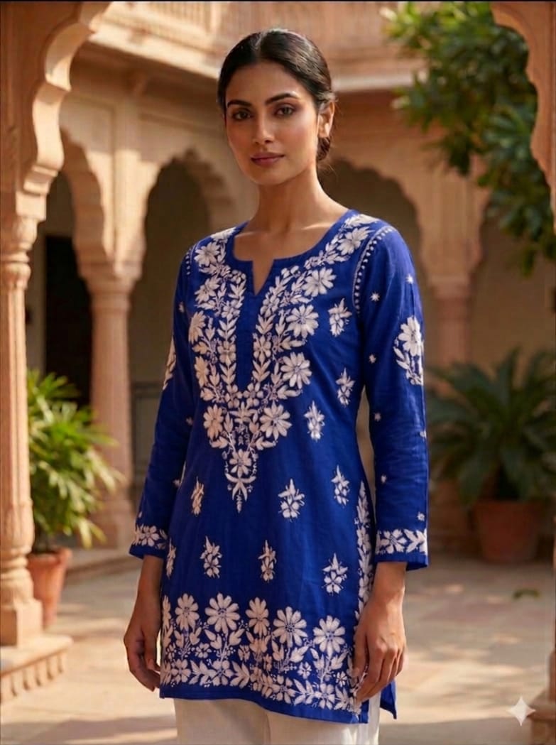 Lucknowi Chikankari rayon kurti front view - Maatruu