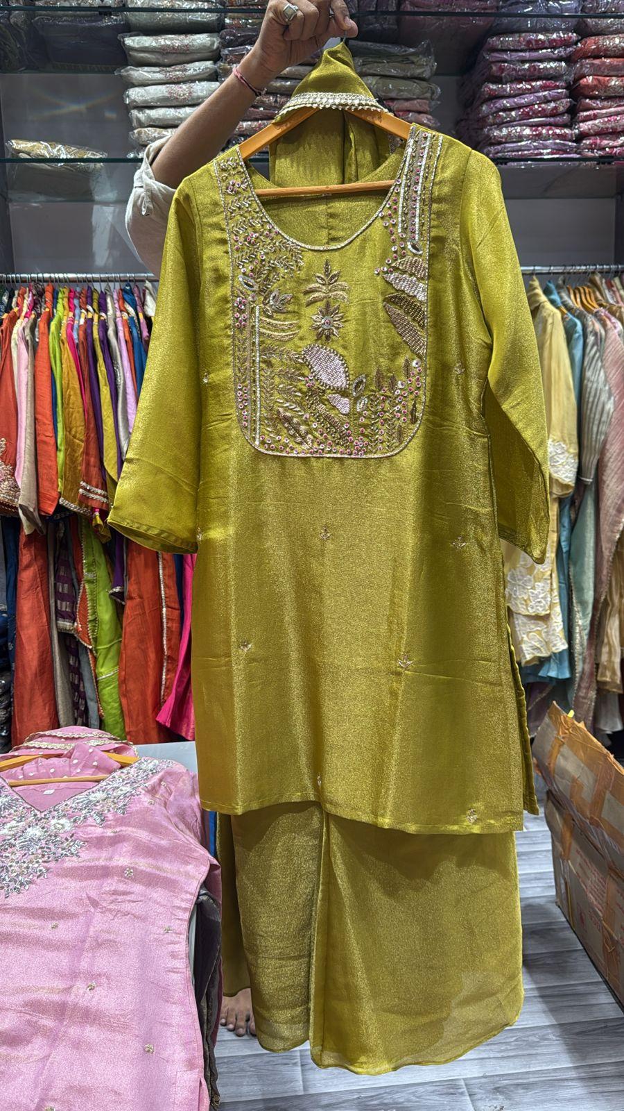 Permium Silk Mahendi green Plazoo Set