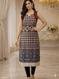 Sleeveless mashru silk Ajrakh handblock kurti with mirror work - Maatruu
