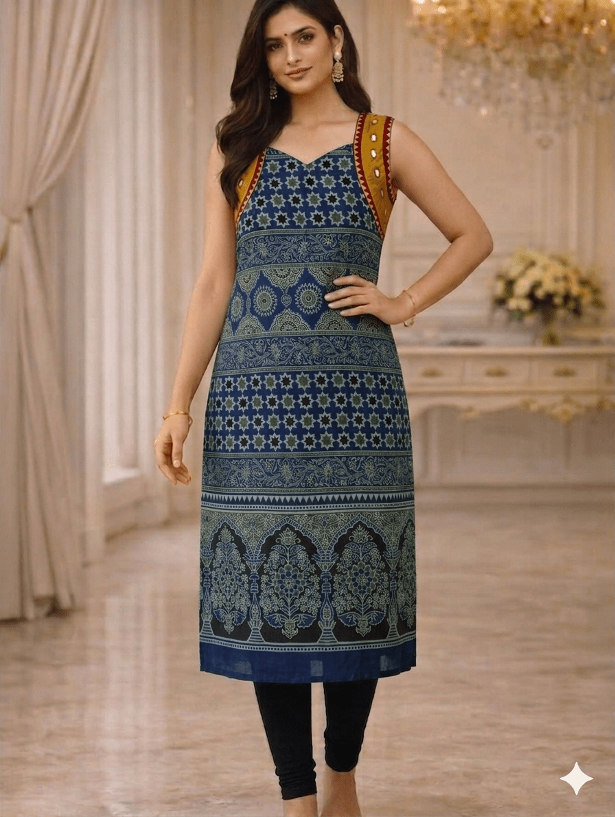 Kutch craft sleeveless mashru silk kurti detail - Maatruu