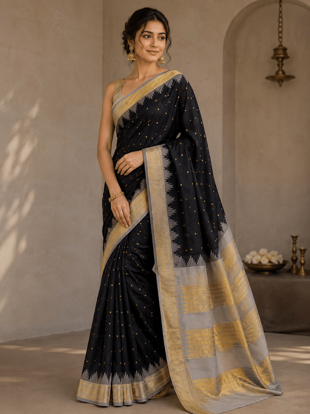 Soft Silk Irkal saree black with white - Maatruu
