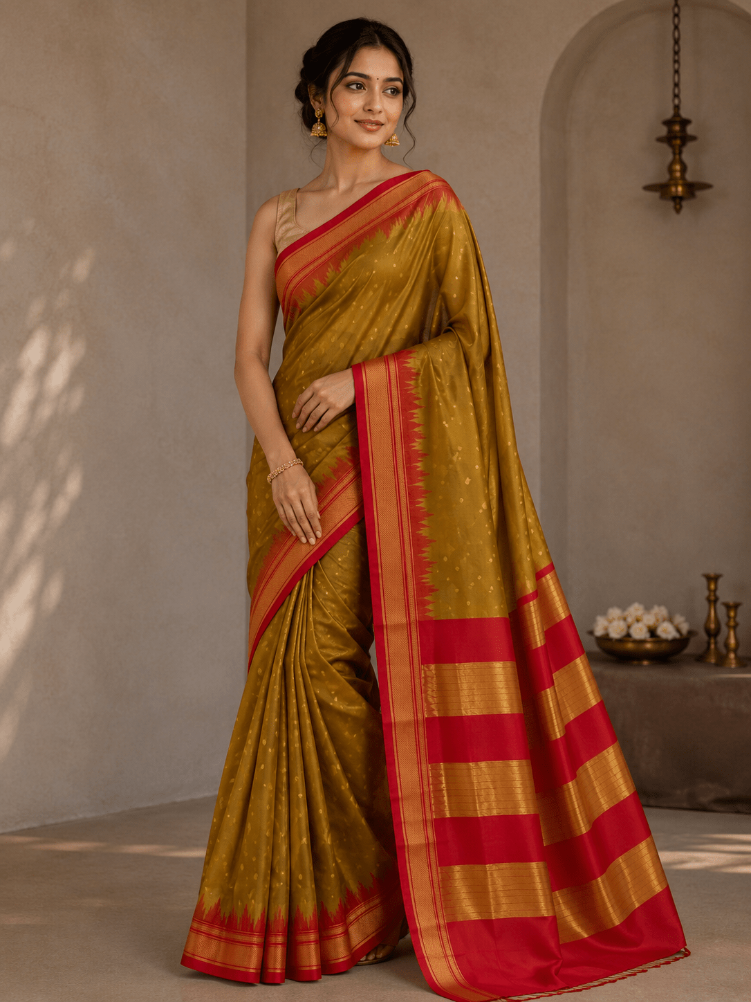 Soft Silk Irkal saree in musturd with red - Maatruu
